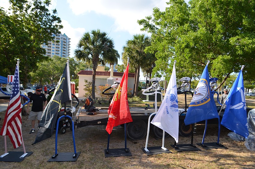 Flags honoring each of the armed services were on display.