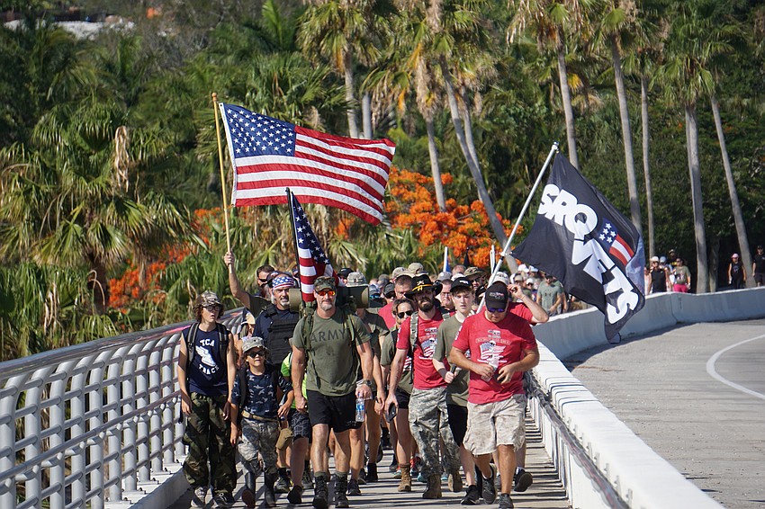 Past the midway point, the hike led by U.S. Rep. Greg Steube (R-Sarasota) climbs the eastbound side of the John Ringling Bridge.