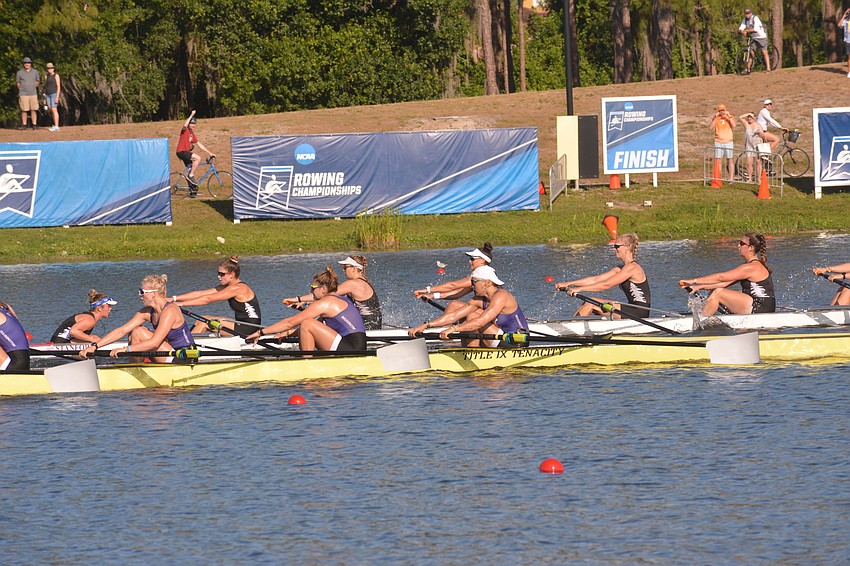 The Washington and Stanford I 8+ boats fight for first place in their A/B heat on Saturday at the NCAA Championships. Stanford would win the heat (6:08.50) but both crews would advance to Sunday's finals.