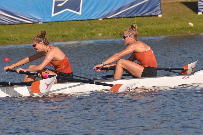Texas rowers Susanna Temming and Lisa Gutfleisch push for the finish line in the school's I 8+ race at the NCAA Championships on Saturday. Texas would win the heat (6:09.07).