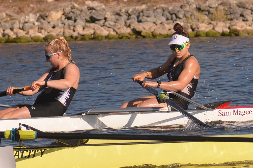 Sophia Dixon and Sarah Commesso row as part of Stanford University's 8+ boat. Stanford would finish second in their heat race May 29 (6:13.270), two seconds behind Texas, but advanced to the event final on Sunday.
