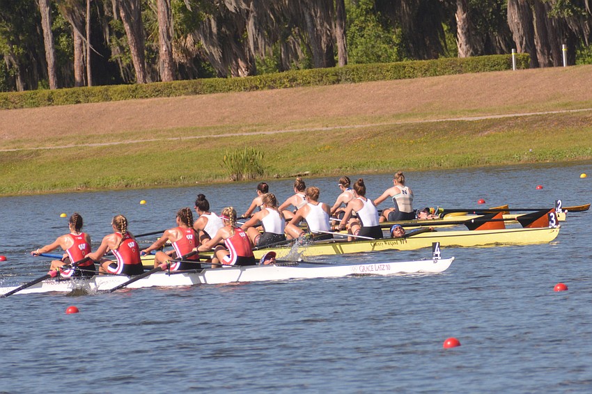 The Wisconsin, Princeton and Navy 4+ boats do battle on Saturday at Nathan Benderson Park. Wisconsin won the heat (07:15.00) to advance to Sunday's finals.