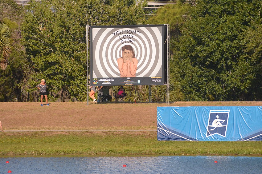 The rowing course at Nathan Benderson Park displays works of art from the Embracing Our Differences initiative. This one, titled 