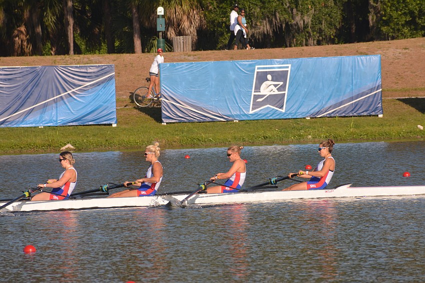 Southern Methodist University rowers Peyton Matthews, Daisy Butterworth, Megan Hewison and Colombe de Rouvroy row in the school's 8+ boat. SMU won its heat (6:27.60) and will compete in the finals Sunday.