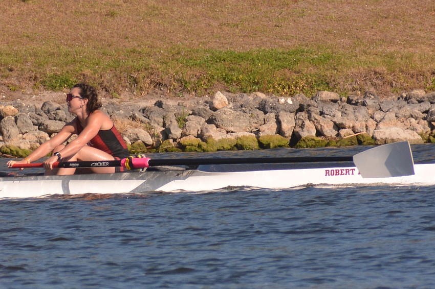 Bradenton's Rebekah Stewart rows in the No. 1 seat for the University of Alabama's 8+ boat. Stewart and Alabama finished fifth in their Saturday heat.