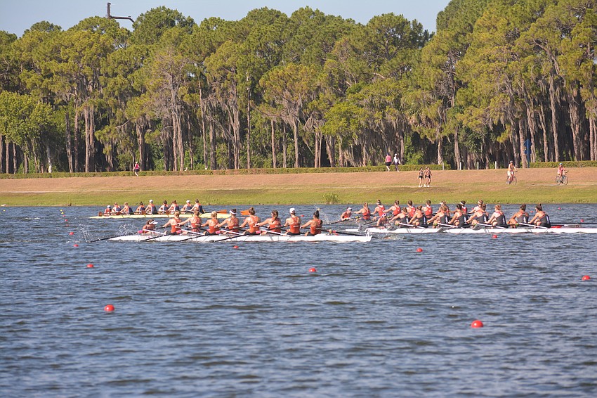 The Texas and Stanford II 8+ boats go head to head. Former Sarasota Crew rower Julia Braz is the No. 7 seat for Stanford. Texas would win the heat (6:11.52).