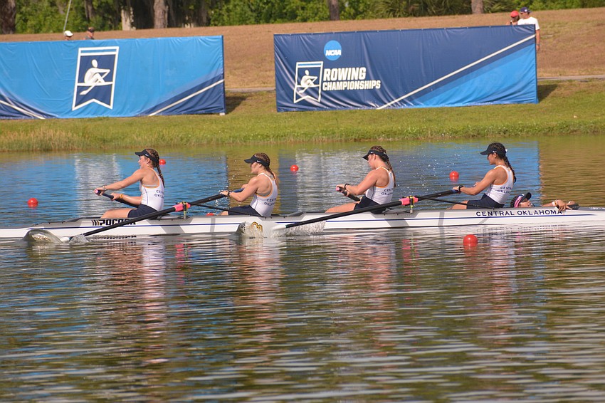The Central Oklahoma 4+ boat (rowers Sage Kroeker, Danielle Dick, Allison Staley and Kelsey Woellmer and coxswain Yesenia Gil-Salazar) takes a commanding race lead during the event's Division II grand final.
