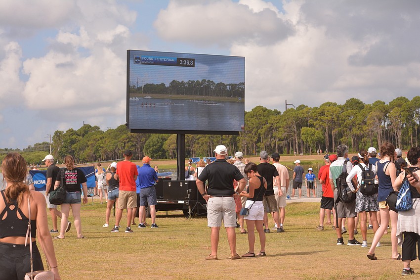 Fans watched the first half of each race at the NCAA Rowing Championships on a large screen before rushing to the beach to watch each race's conclusion.