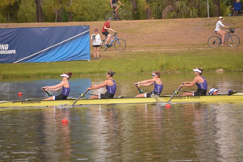 The Washington 4+ boat(rowers Carmen McNamara-Smith, Fiona Shields, Katherine Slack and Sophia Chaffey and coxswain Sachi Yamamoto) rows to a lead in the event's Division I grand final. Washington would win the event (7:02.17).