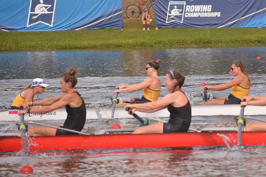 Angela Szabo (back right) rows her California II 8+ boat in the No. 7 seat alongside coxswain Lily Wieland and No. 8 seat Jacqueline Hendriks.