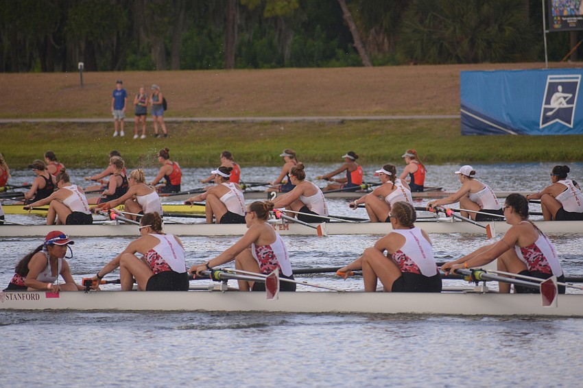 Coxswain Tassica Lim and rowers Isabella Battistoni, Julia Braz, Mathilda Kitzmann and Rebecca Leigh row as part of Stanford's II 8+ boat in the event's grand final. Braz, a freshman, was a member of Sarasota Crew.