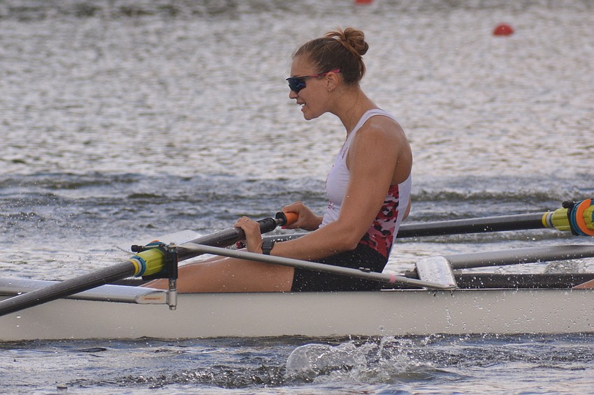 Stanford freshman Julia Braz rows as part of the Cardinal's II 8+ boat at the NCAA Rowing Championships.