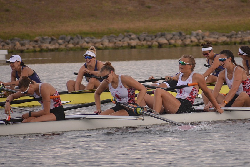 Stanford's Isabella Battistoni, Julia Braz, Mathilda Kitzmann and Rebecca Leigh after their II 8+ boat finished second in the event's grand final (6:24.48). Braz was a member of Sarasota Crew.