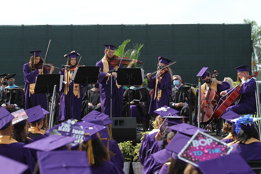 Leela Sundaram, Audrey Rodriquez, Jonathan Jetton, Kaitlin Freeman, Colby Massi and Robert Zobrist play music as the orchestra class of 2021.