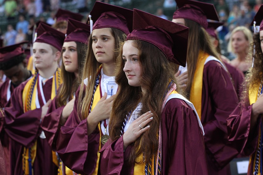 Students pledge allegiance to the flag.