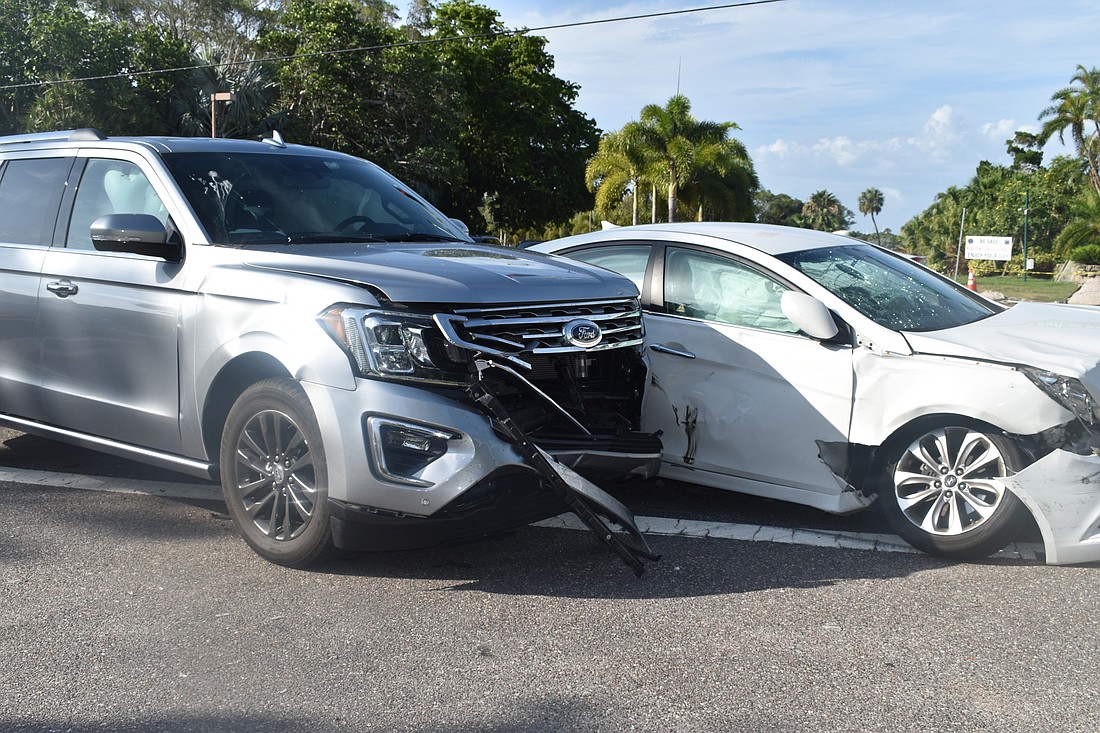 A white Hyundai Sonata and silver Ford Expedition crashed Monday evening on Gulf of Mexico Drive near Bay Isles Parkway.