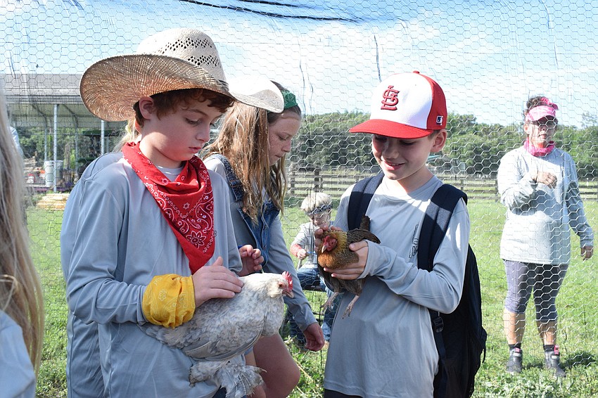 Daniel House and Charlie Wormuth, who are rising fourth graders, talk about the chickens they're holding.