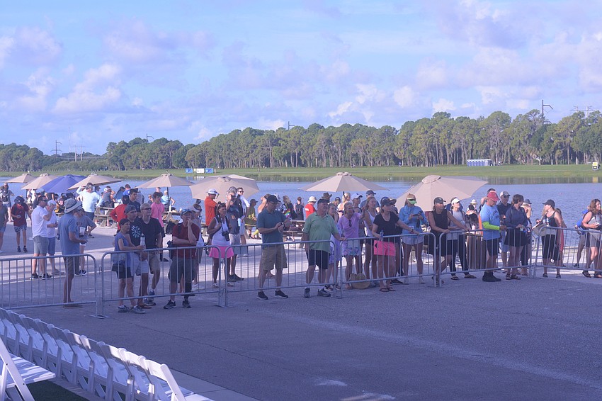 Fans at the 2021 USRowing Youth National Regatta watched the action at Nathan Benderson Park from a screen placed near the finish line.