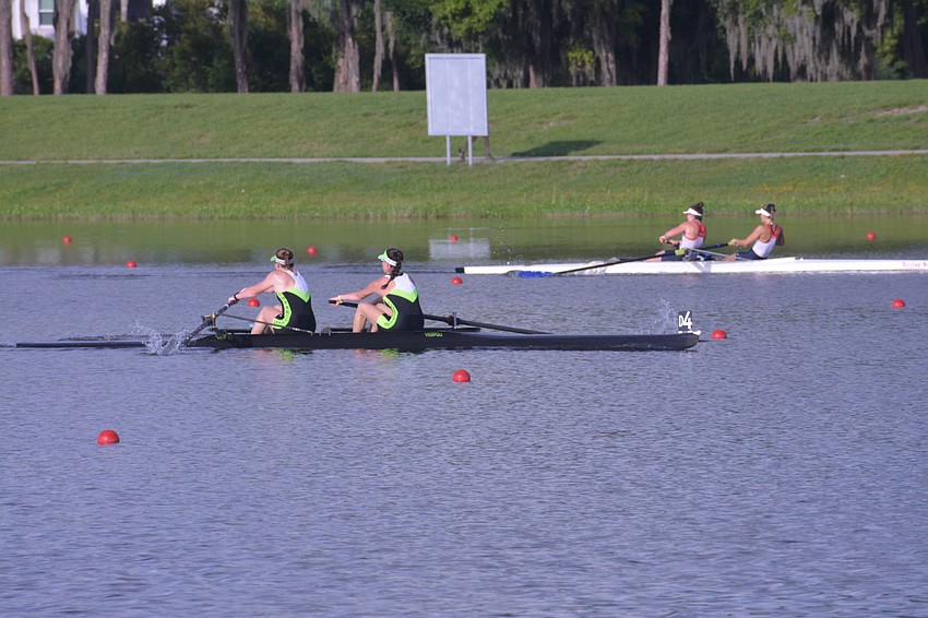 Connecticut Boat Club's Sophia Greco and Bridget Galloway pull ahead in the Women's 2- Final A at the 2021 USRowing National Regatta. The pair would win the event (7:42.97).