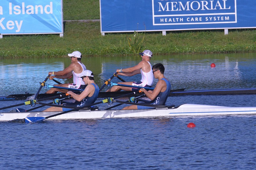 Peter Albrecht and K. Lynch of California Yacht Club (front)  eke ahead of John McNicholas and Johannes Bressel of Oak Neck Academy in the Men's 2x Final A. Albrecht and Lynch would win the race (6:39.35).