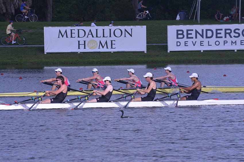 The Marin Rowing Association (front) and Malvin Prep School Men's 4x boats go head-to-head down the stretch at the 2021 Youth National Regatta. Marin would win by 0.007 seconds (6:10.402) in a photo finish.