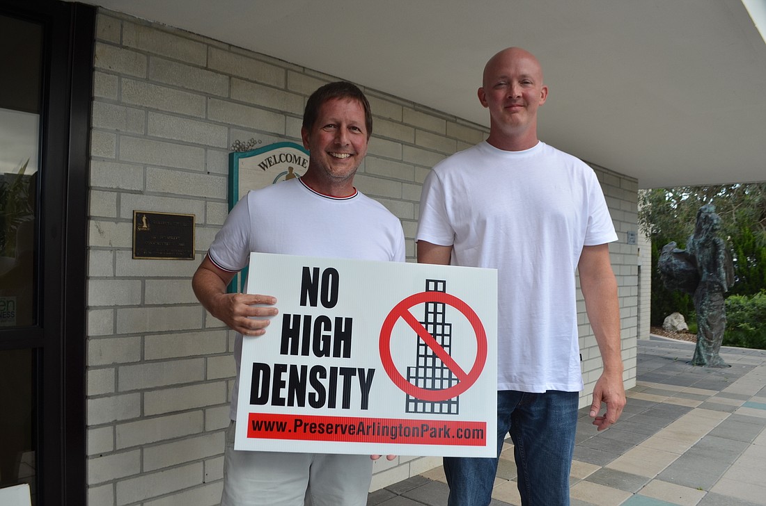 Rob Grant, left, and Nathan Wilson have led a coalition of Arlington Park residents who oppose plans for a high-density apartment project at 2750 Bahia Vista St. File photo