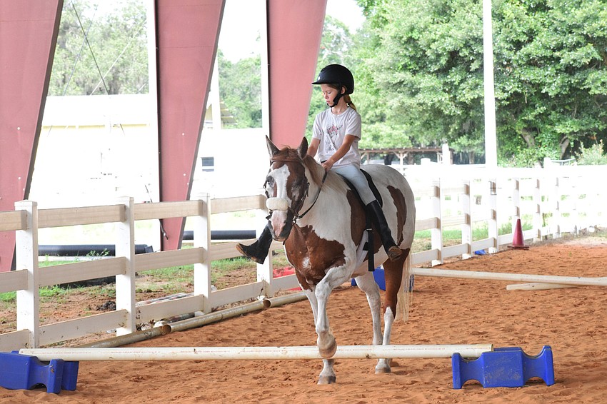 Kamila Rencher, who is 10, practices having Gracie walk over a beam.