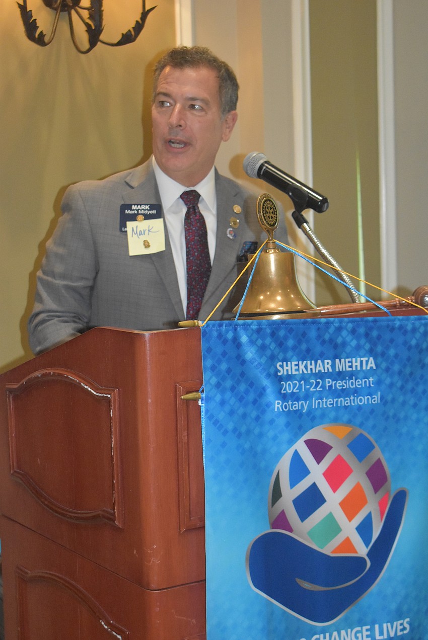 Newly inducted President of the Rotary Club of Lakewood Ranch Mark Midyett concludes the installation dinner and celebration of the club's 20th birthday with his inaugural address.