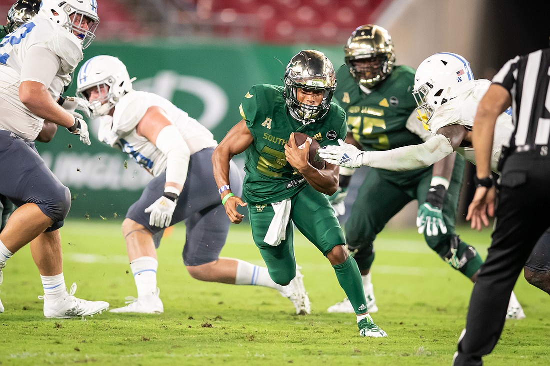 Former Sailors running back Brian Battie had had 46 carries for 332 yards (7.1 yards per carry) and a touchdown, plus four catches for 35 yards as a freshman at USF. Photo courtesy USF Athletics.