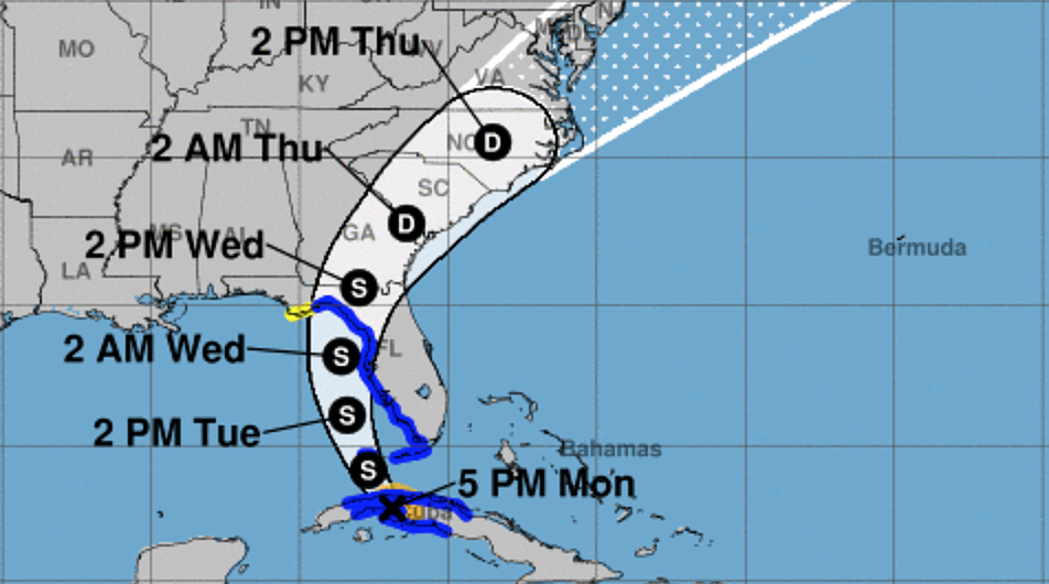 The National Hurricane Center&#39;s projected path as of 5 p.m. Monday shows the storm arriving in our area on Tuesday.