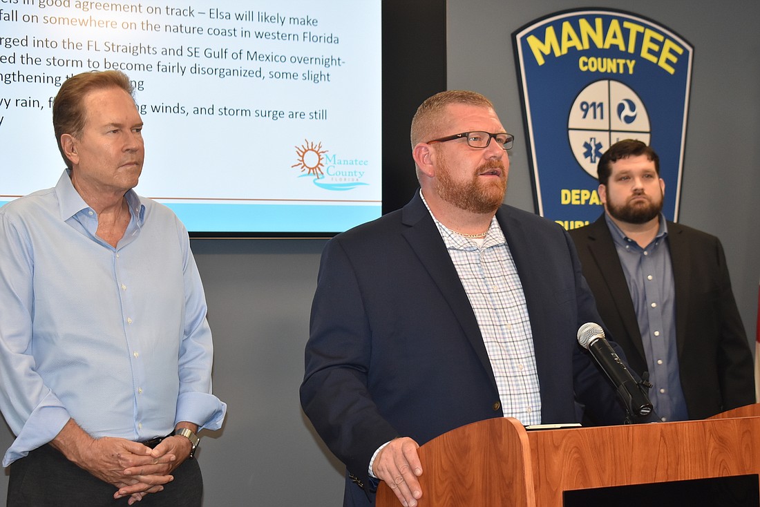 U.S. Congressman Vern Buchanan, Manatee County Public Safety Director Jacob Saur and Manatee County Commissioner James Satcher speak at a press conference urging local residents to make final preparations for Tropical Storm Elsa.