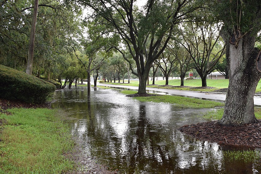 Water floods a sidewalk and pours onto River Club Boulevard across from Braden River Elementary School in East County. Photo by Liz Ramos.