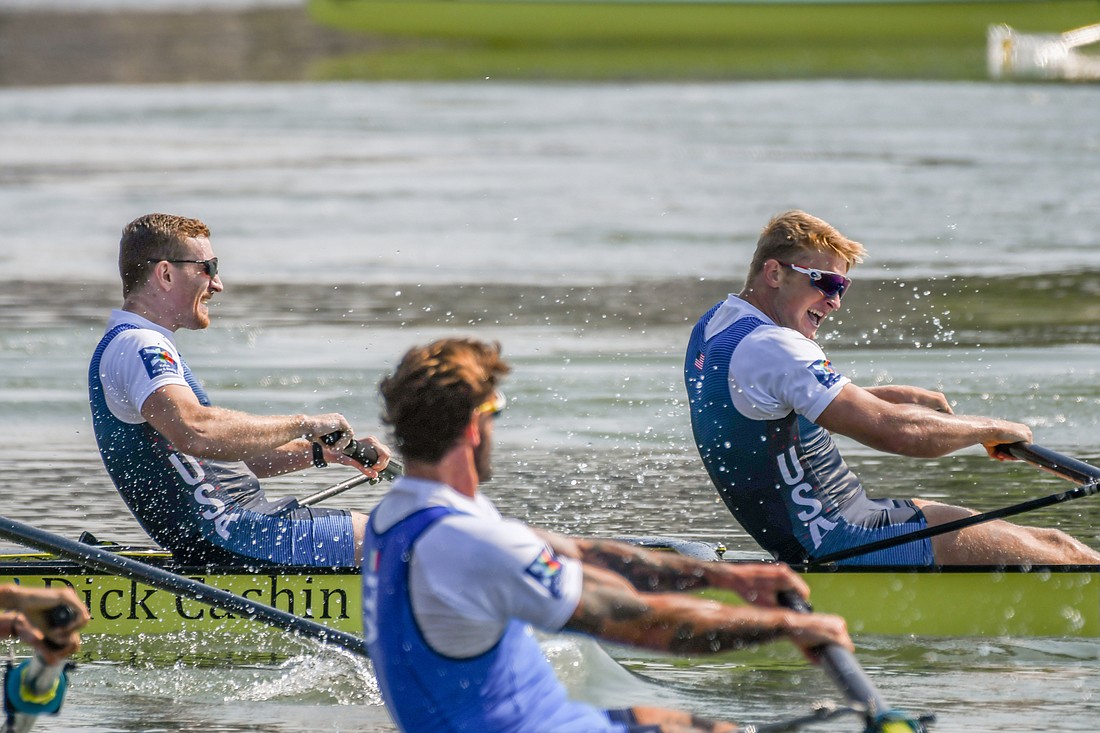 Sarasota Crew alumnus Clark Dean (right), here competing at the 2019 World Rowing Championships, will compete in the men&#39;s four at the Tokyo Olympics. Photo via USRowing.
