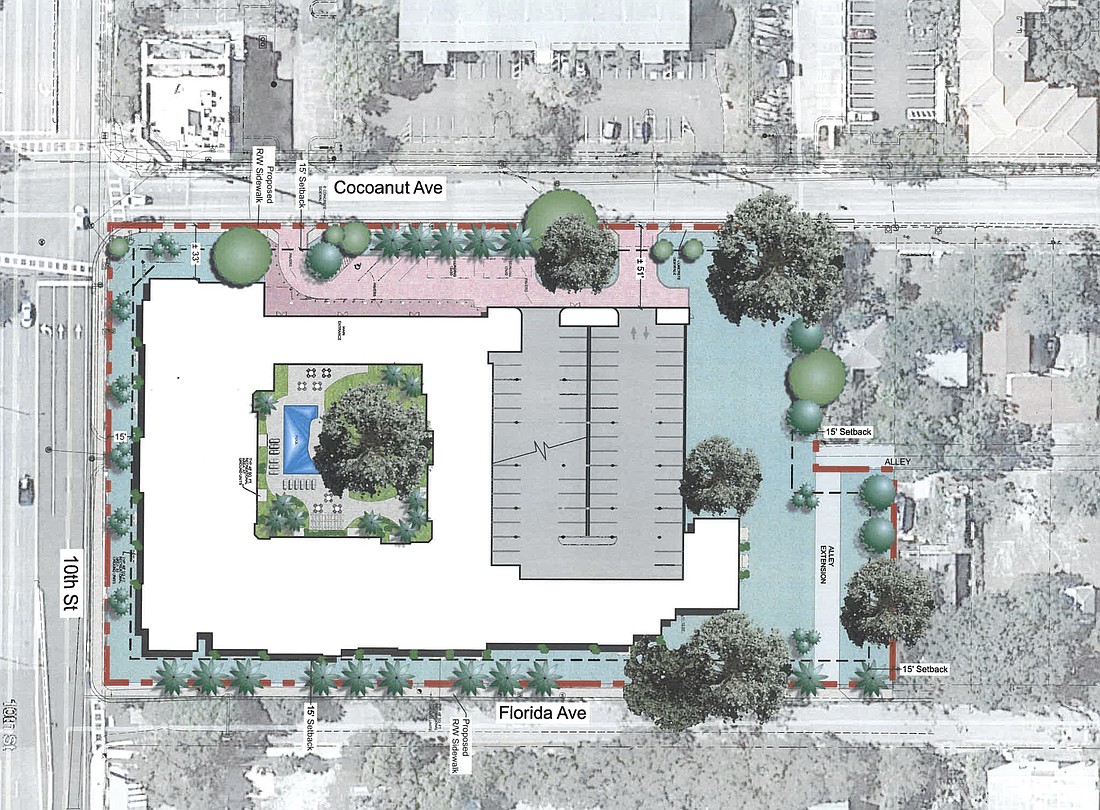 The applications submitted to the city for Luxe on Tenth include plans for the ground-level footprint of the apartment complex at 1313 10th Street. Image via city of Sarasota.