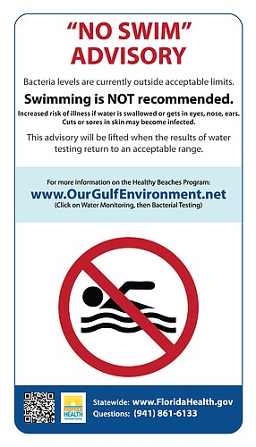 County health officials post signage at area beaches informing the public of the no swim advisory until testing shows acceptable bacteria levels in the water. Image courtesy Florida Department of Health in Sarasota County.