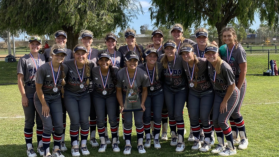 The Tampa Mustangs-TJ club softball team, which includes six players from Lakewood Ranch High, finished third at the PGF National Championships in Huntington Beach, California. Courtesy photo.