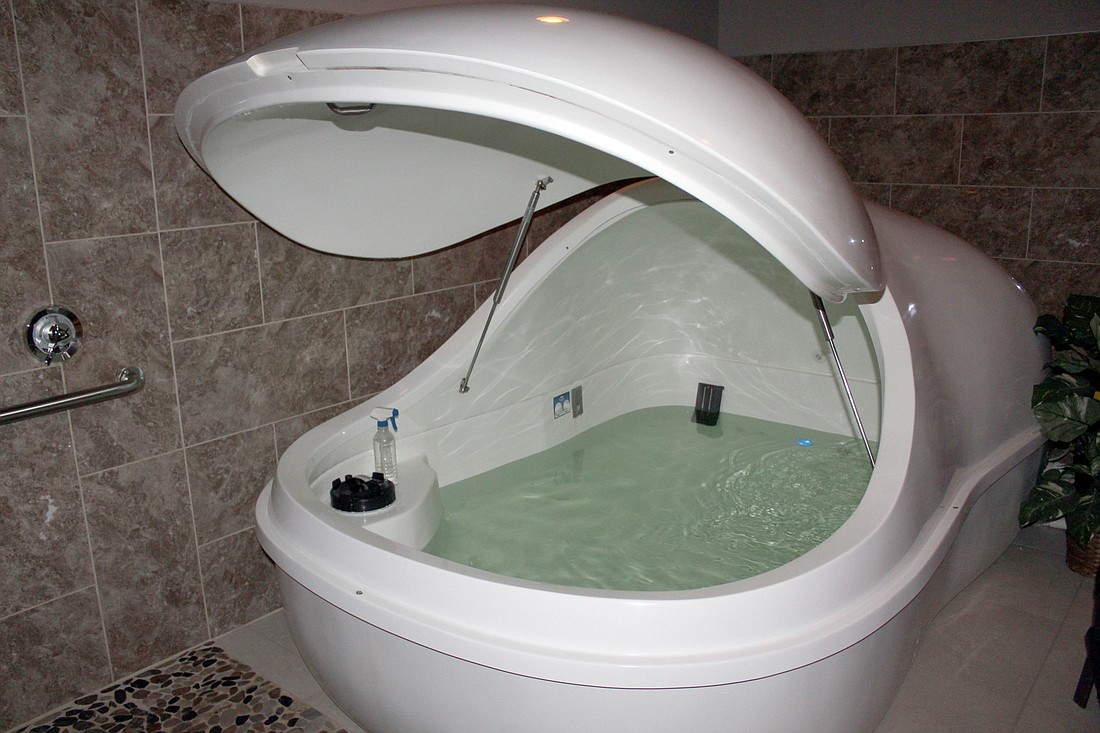 The individual float tanks are filled with 850 pounds of Epsom salt dissolved into 10 inches of water.