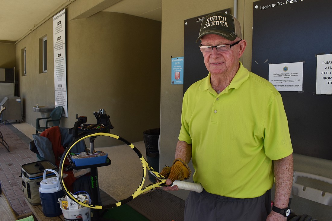 It takes Jay Morgan about 30-40 minutes to restring a tennis racket.
