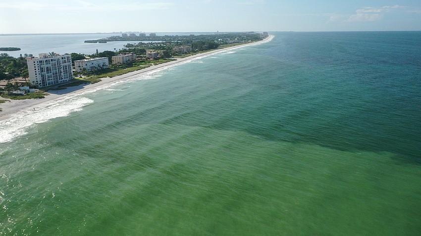 Drone footage captured on Friday by Manatee County crews shows the Gulf of Mexico's red tide conditions right across from Bayfront Park. The darker areas tend to show where concentrations of the red tide algae may be present.