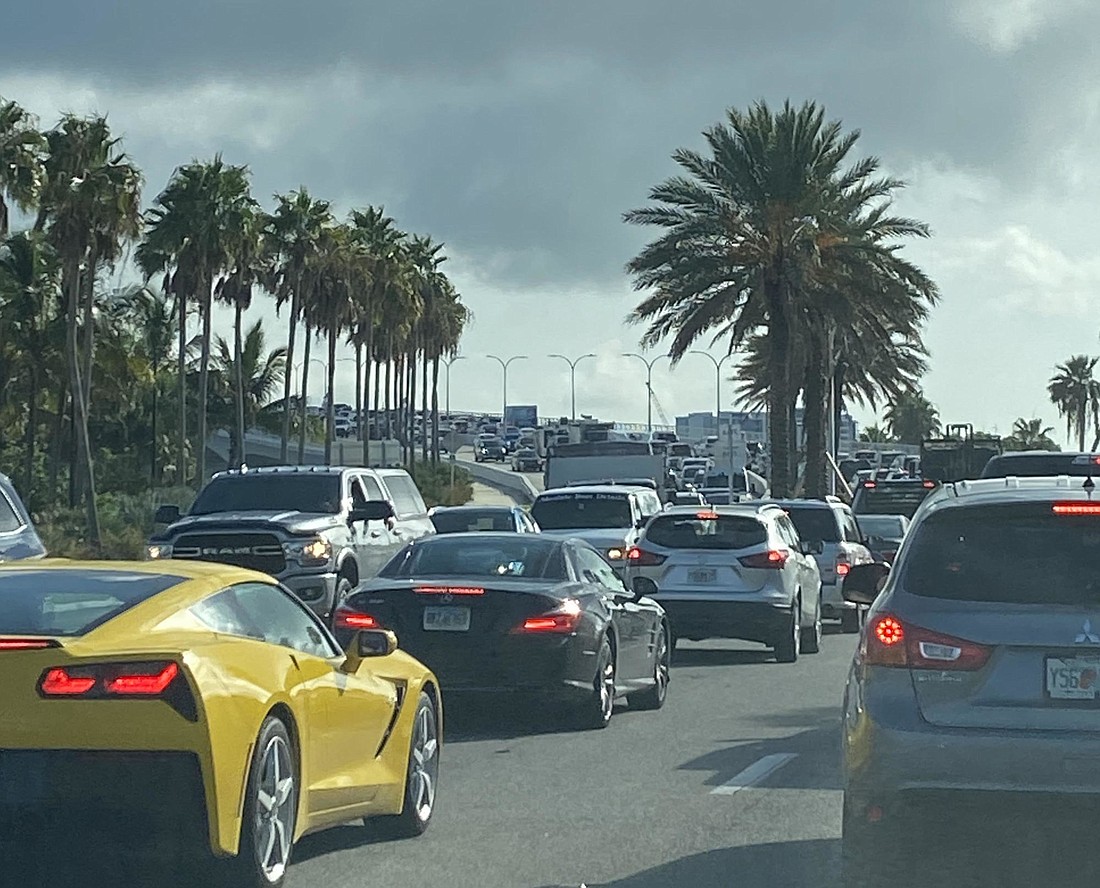 The construction associated with the roundabout project led to backups over the Ringling Causeway this morning.