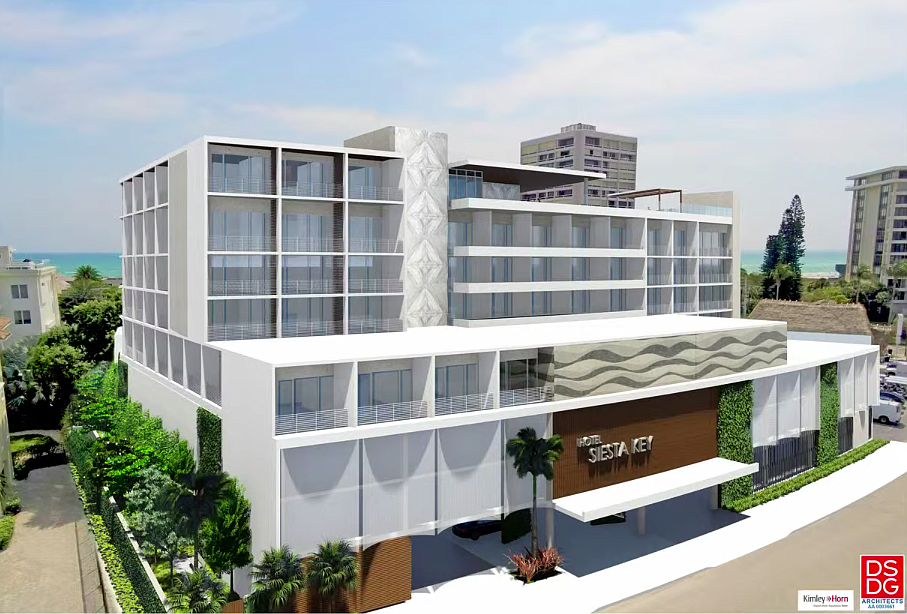 A rendering shared at todayâ€™s Planning Commission meeting showed plans for a hotel at Calle Miramar and Beach Road on Siesta Key. Rendering via Sarasota County.