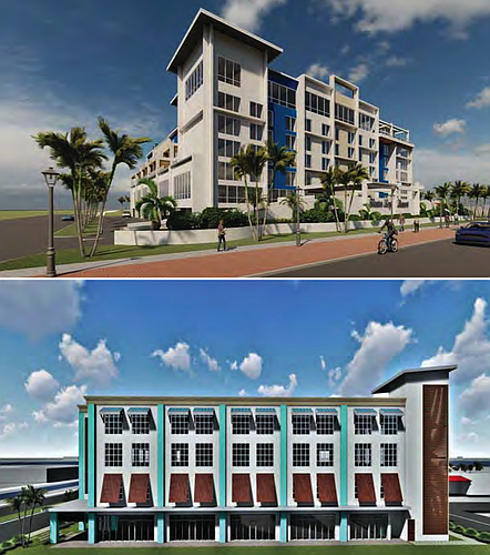 Developer Gary Kompothecras plans to build a seven-story hotel, above, and a five-level parking garage, below, on two non-contiguous parcels near the south bridge to Siesta Key. Renderings via Sarasota County.