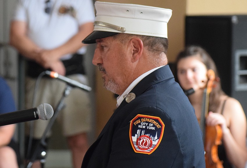 Lakewood Ranch's Steve Lubrino, who survived the collapse of the World Trade Center towers, wears the Fire Department City of New York patch. He spoke during Day of Remembrance in Lakewood Ranch.