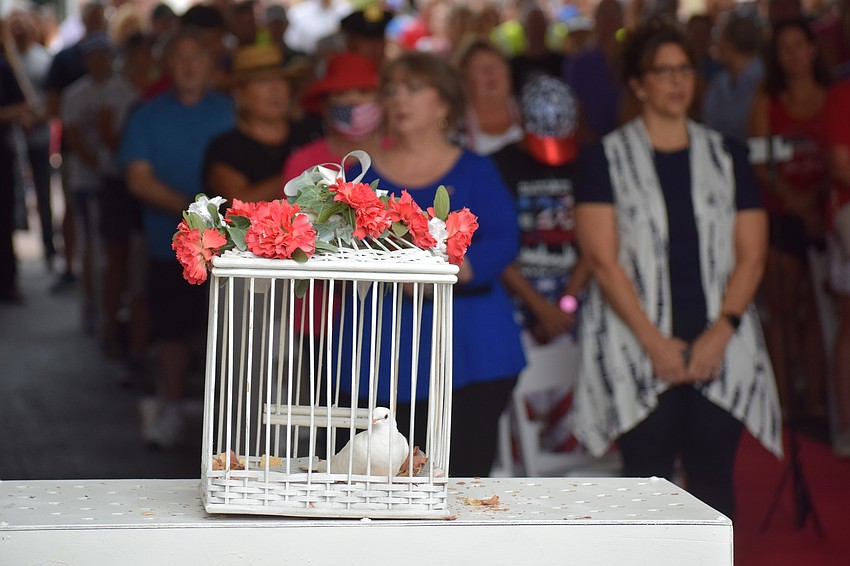 A dove sits in front of the crowd at the Day of Remembrance. White Wings of Florida owner Michael Mirabella explained this was a real dove and therefore wouldn't be released. He brought other rock doves for release.