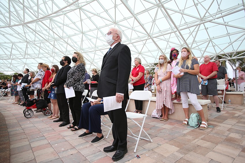Many supporters fill the Patriot Plaza, which protected them from the occasional bout of rain.