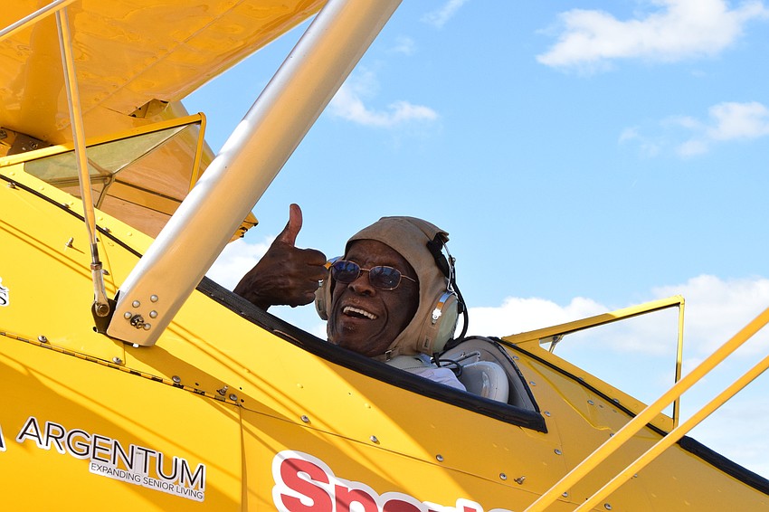 Melvin Pettis, a Cypress Springs Gracious Retirement Living resident and Navy veteran, is ready for his Dream Flight. Pettis has never flown in a World War II open cockpit biplane.