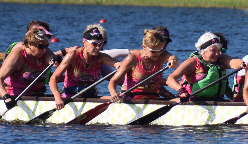 Debra Mattar, Joni Carone, Carol Tucker and Karen Berney give their maximum effort for Survivors in Sync at Nathan Benderson Park.