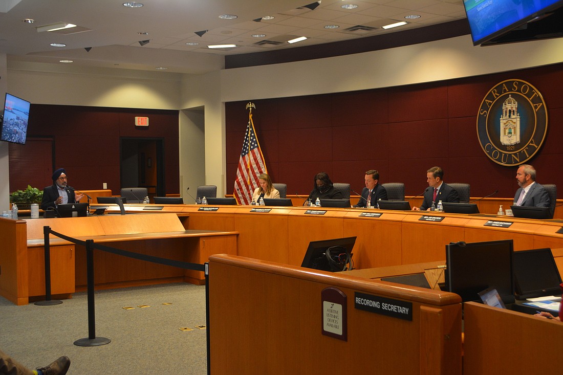 Save Siesta Key board member Harry Anand speaks at a meeting of the local delegation of state legislators on Thursday, Sept. 30 at the Sarasota County Administration Building.