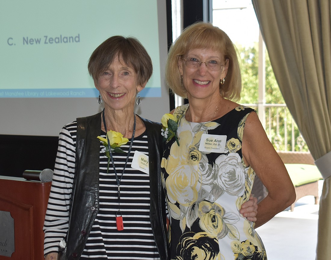 Author Mary Walton (left) stands with Sue Ann Miller prior to the start of Wednesday&#39;s luncheon. Miller headlined the event, which was the first major fundraiser for the Friends of the East County Library. Photo by Scott Lockwood