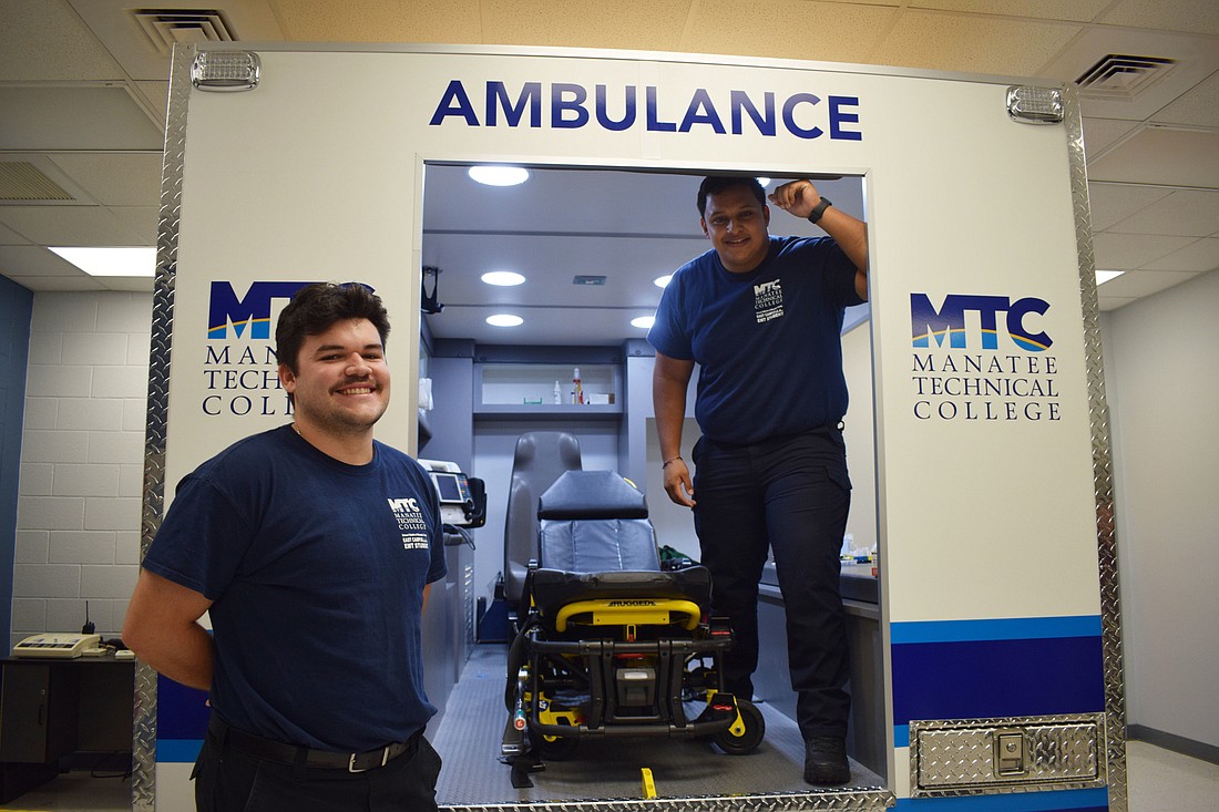 Michael Koczersut and Ronald Alvarez, who are students in the Manatee Technical College EMT program, have been able to sharpen their skills using the new ambulance simulator.